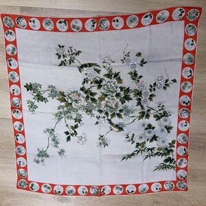 Vintage Japanese Floral Scarf with Red and Green Accents 32” square